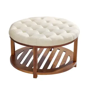 31.9" Large Tufted Round Ottoman Coffee Table, Solid Wood Shelf, 350LBS, Linen Upholstered