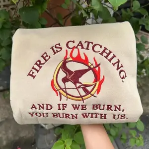 Fire Is Catching Embroidered Sweatshirt, Hunger Games Embroidery,If We Burn You Burn With Us Hoodie,Mockingjay Bookish Gift,Katniss Everdeen