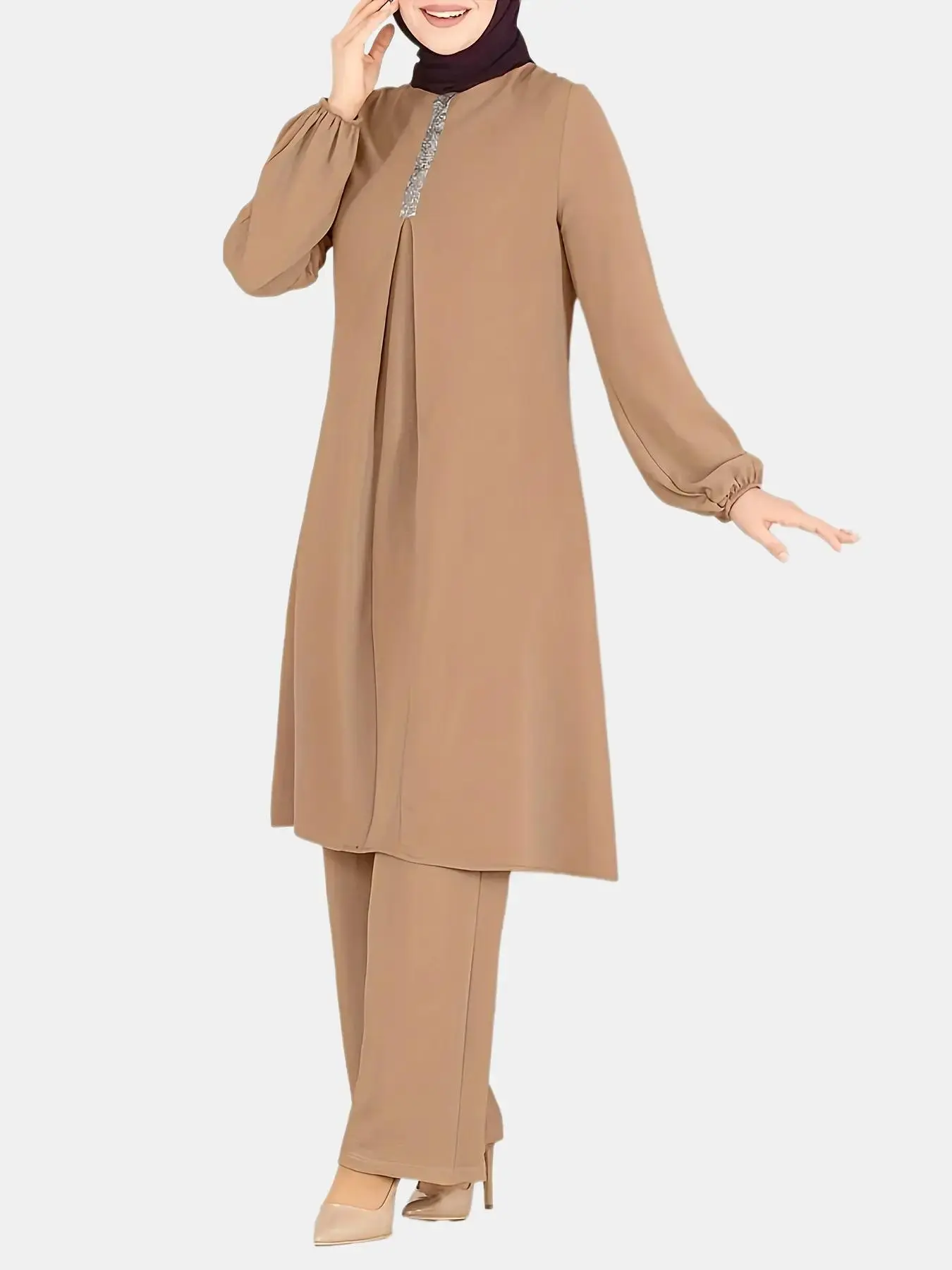 Women's Plain Contrast Sequin Bishop Sleeve Round Neck Tunic Top & Wide-Leg Pants Islamic Set, Fashion Muslim Set, Modest Long-Sleeve Muslim Top & Trousers Set for Daily Wear, Women's Islamic Clothing for All Seasons