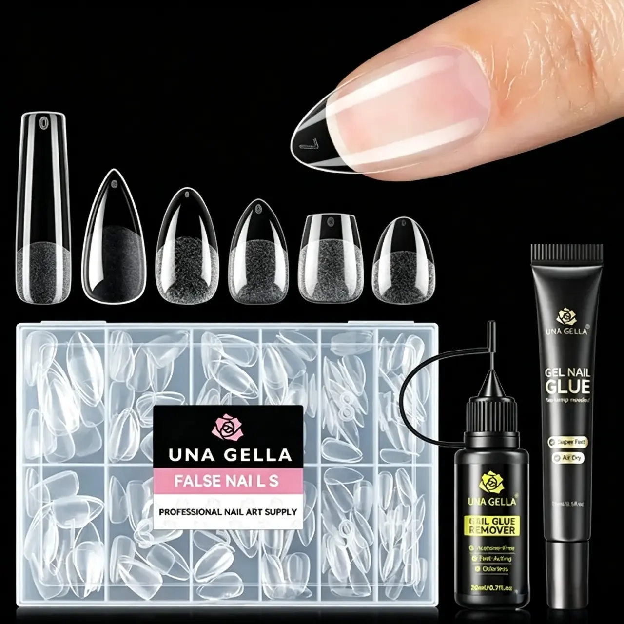 UNA GELLA 216PCS Half Cover No Buffer Nail Extension Kit - No Curing Light All-In-1 DIY Salon Manicure Set for Beginners, 15ml Non-Runny Semi Solid Glue, Remover, Built-In Curve Clear Press-Ons, Nail Art Supplies sohochic