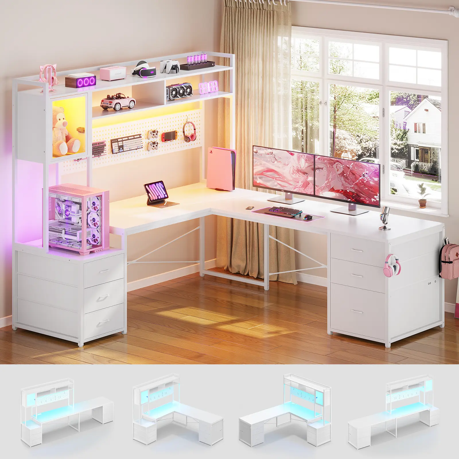 Sedeta L-Shaped Gaming Office Furniture Desk - Reversible Corner Unit with Built-in LEDs, Multi-Drawer, File Drawer, Hutch, Storage Shelves, Power Outlet, Stable Wood-Metal Base for Home Workstations, Desk For Bedroom, Modular Home Desks & Workstations