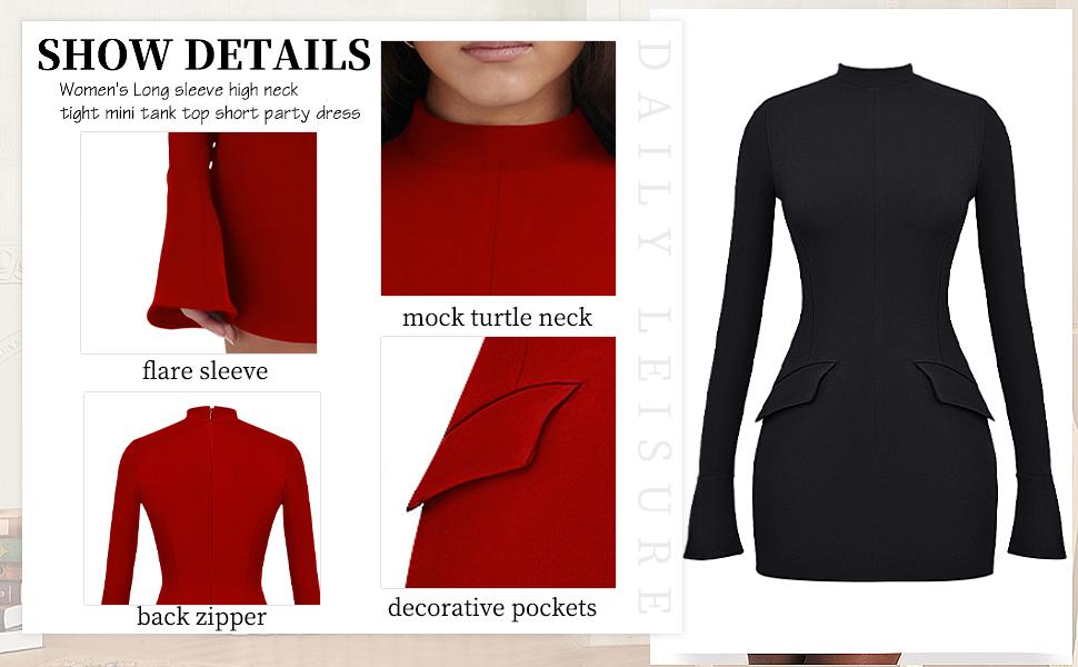 OYS Women's Long Sleeve Mock Turtle Neck Bodycon Mini Tank Short Party Dress with Decorative Pockets & Zipper Back