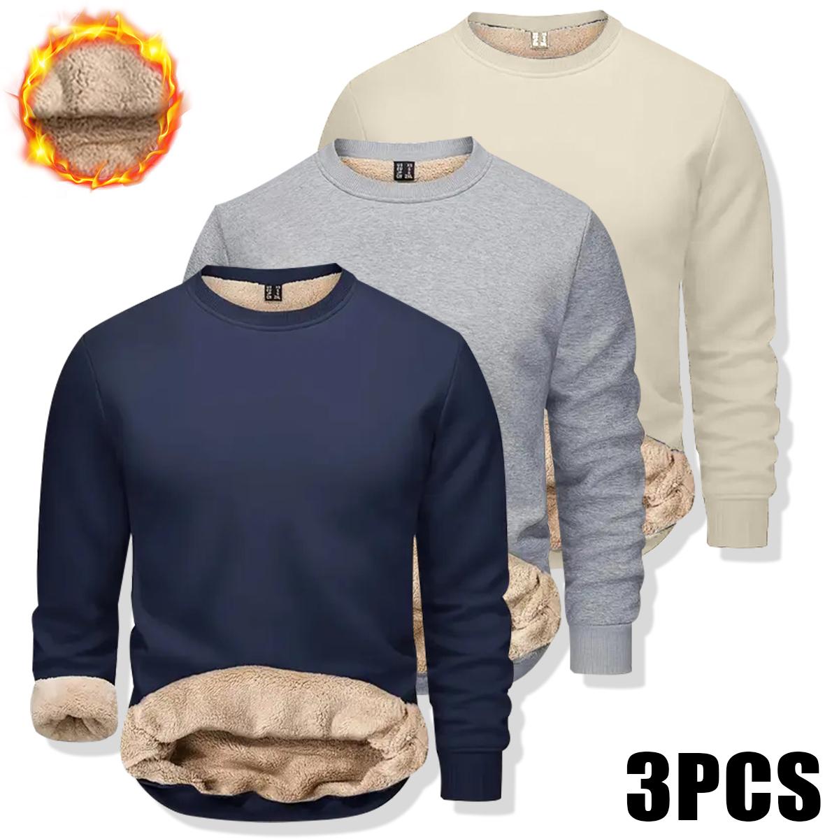 Pack of 3 men's solid color crew neck warm shirts, long-sleeve casual tops for autumn and winter, featuring a casual warm style with a windproof fabric made of faux fleece lining for everyday wear. SpringStatements