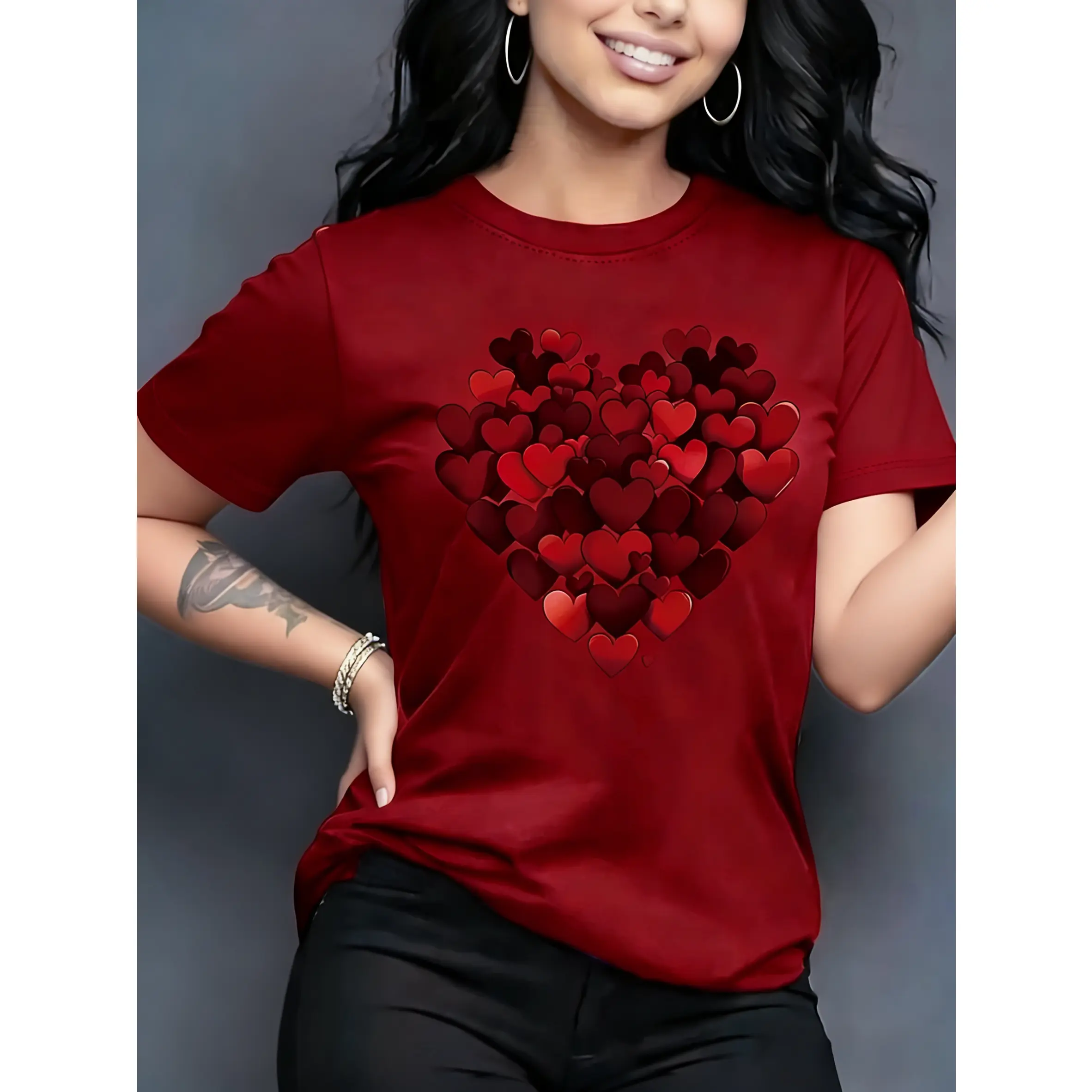 Women's 100% Pure Colored Cotton Heart Print Short-Sleeve Round Neck T-Shirt - Oversized Flattering Fit, Smooth Fabric, Capsule Wardrobe, Colorful Style, OOTD Ideas, Valentine's Day Casual Gift