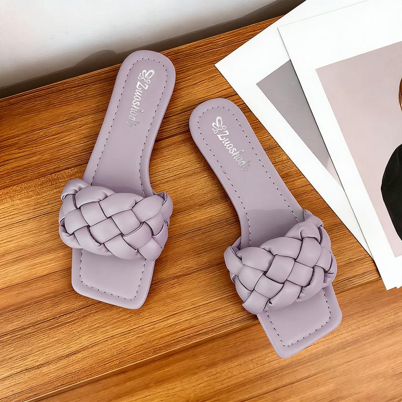 Breathable Fashion Square Toe Slide Sandals Women Woven Open Toe Flat Sandals Non-Slip Lightweight Casual Summer Footwear