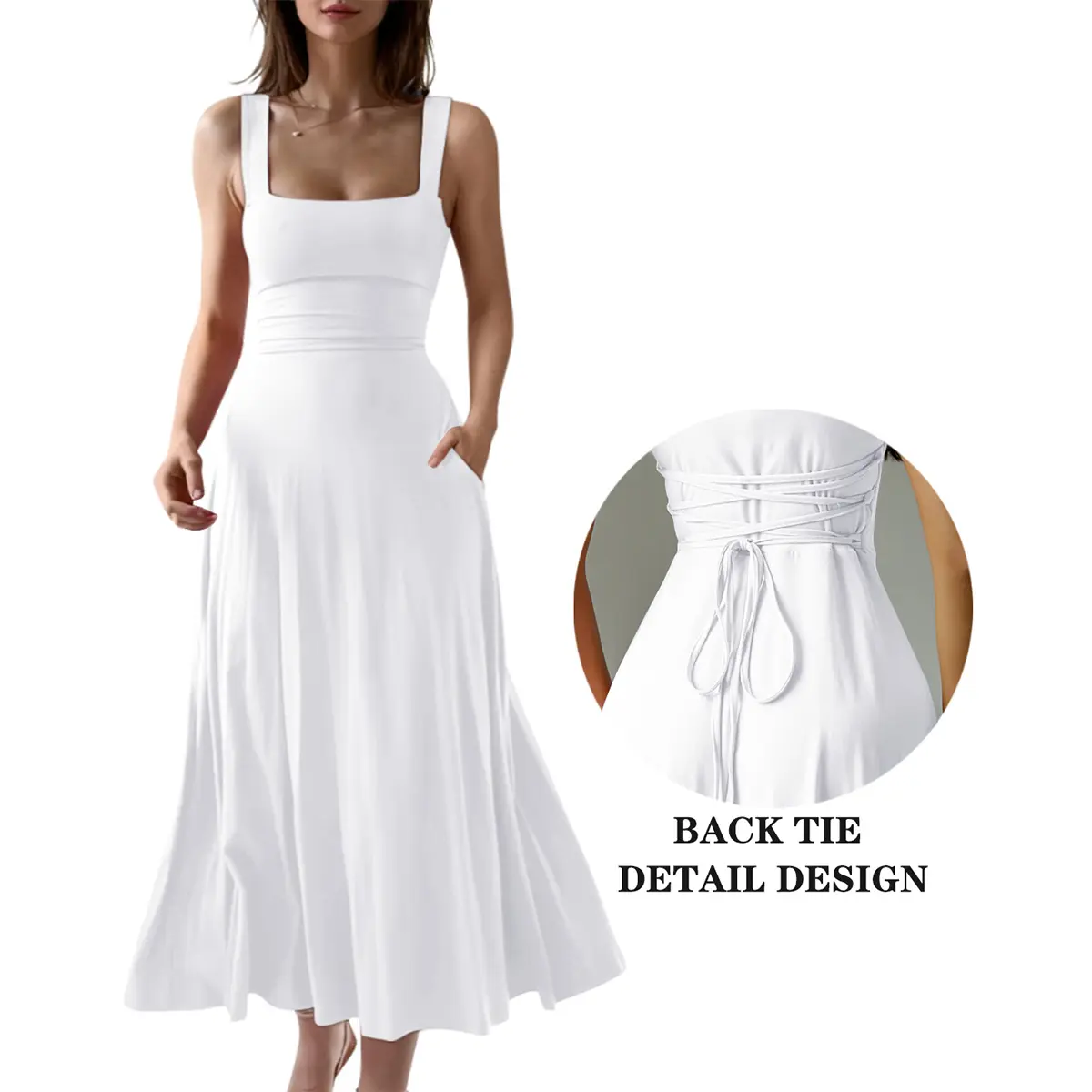 OYS Women's Casual Sleeveless Square Neck A-Line Solid Slim Flowy Long Dress with Pockets & Back Tie Detail Design