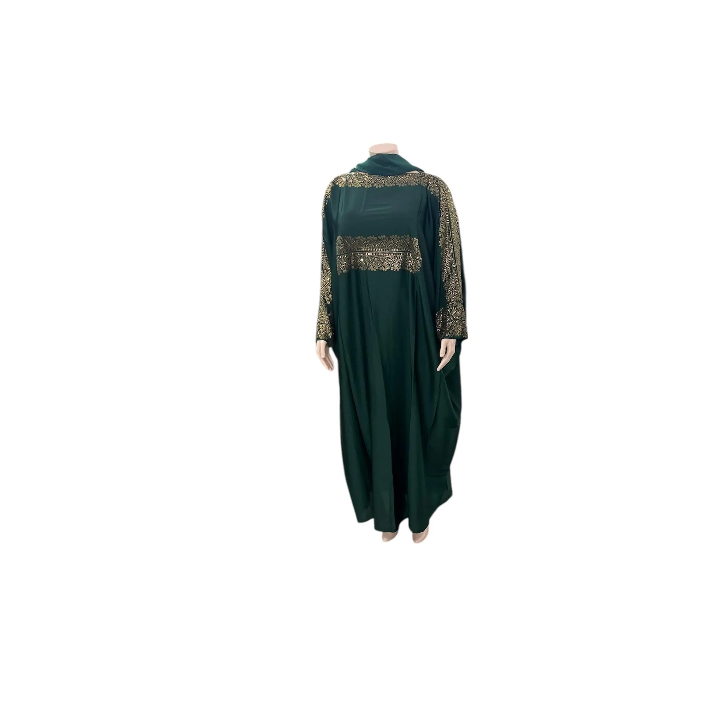 Green Abaya with Gemstones Long Sleeve All Seasons Abaya with Inner Belt & Scarf for Women