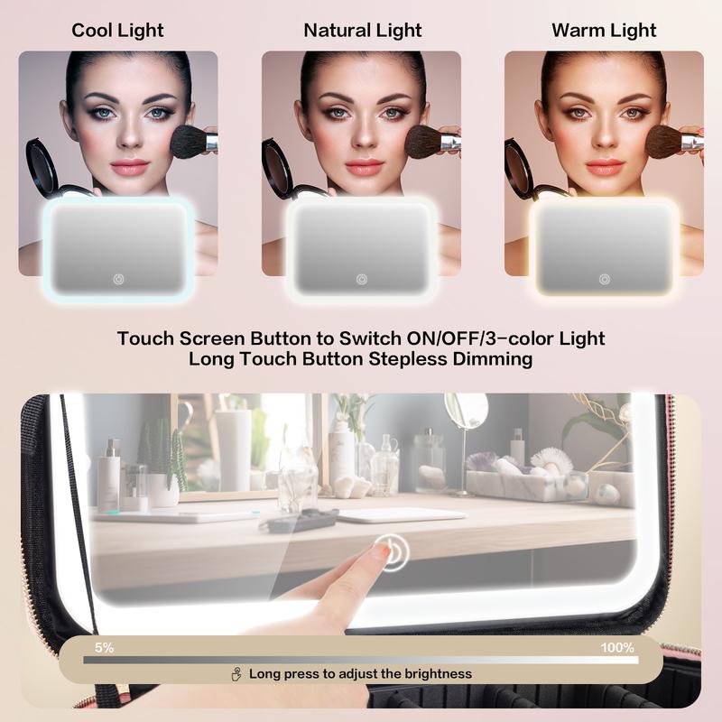 Viral Plus Size Travel Makeup Bag with Lighted Mirror  Waterproof Cosmetic Train Case with Three-color Light Adjustable Dividers Must-Have Organizer for Makeup Lovers Perfect Gift for Her