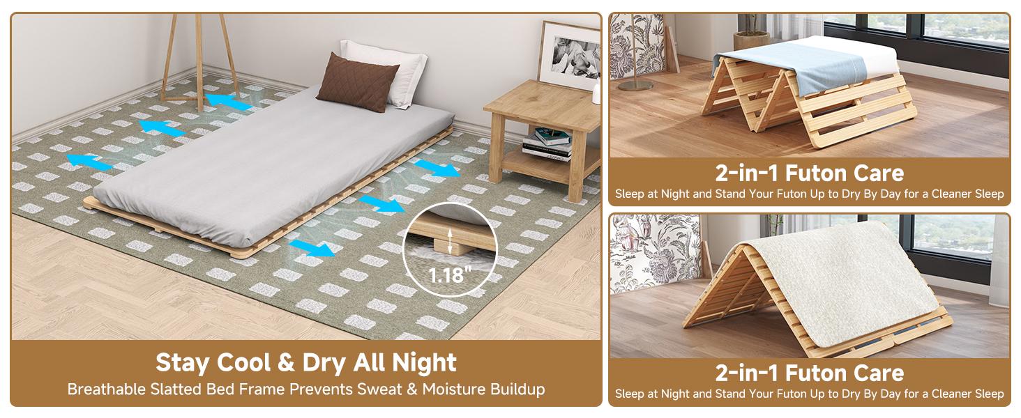 Lilypelle Foldable Solid Pine Wood Tatami Bed Frame, Japanese Tatami Bed Frame Slatted Bed, Beds Plate for Japanese Floor Futon Mattress, Guest Tatami Mat Floor Sleep Bedding