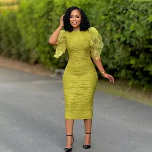 New African Fashion Women Dress O Neck Ruffle Sleeves Package Hips Bodycon Dress Office Lady Evening Birthday Party Vestidos Formal Womenswear