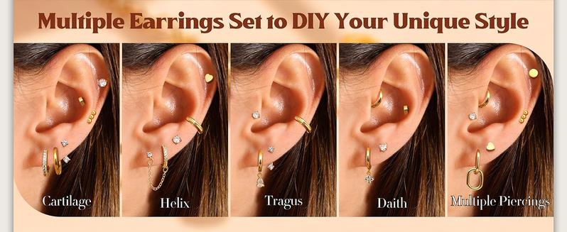 MILACOLATO Hypoallergenic Flat Back Earrings for Women Men, 14K Plated Gold Cartilage Earrings Set for Multiple Piercing, Surgical Stainless Steel Small Hoop Flatback Stud Earrings Stacks Screwback for Sensitive Ears