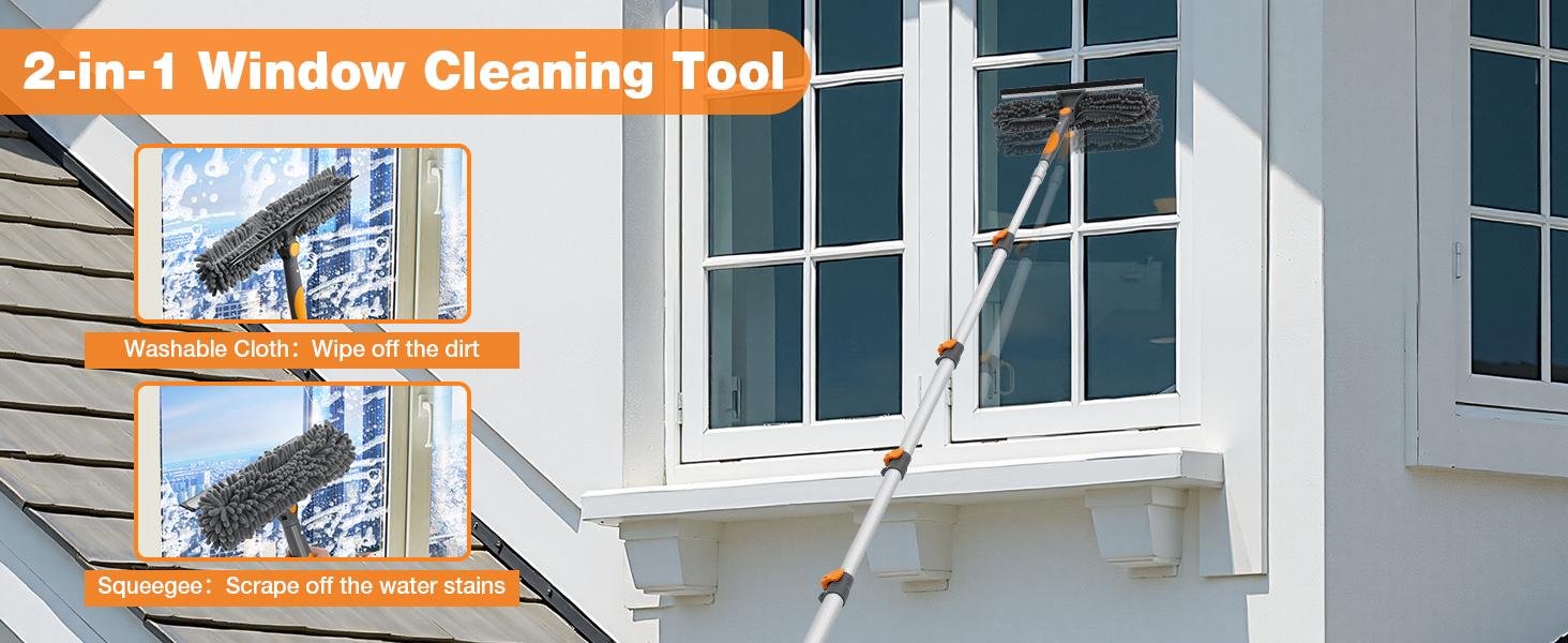 Adjustable Window Squeegee with 5-20ft Telescopic Pole 14" Oversized Head 2-in-1 Cleaning Kit for High Windows Glass RV Orange