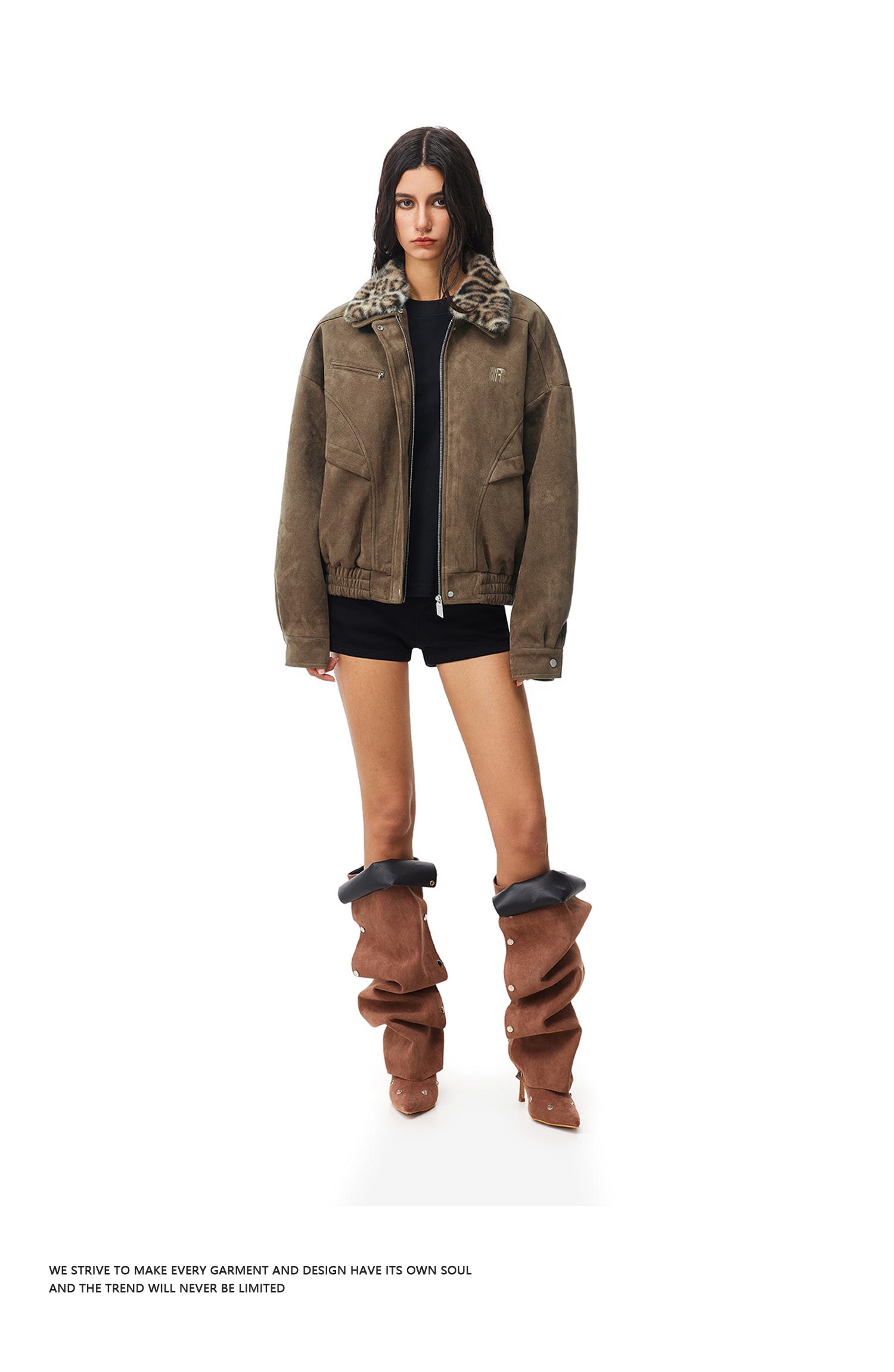 Barn Jacket with Detachable Leopard Collar FDR Unisex Plain Casual Minimalist Loose Fit Women's Coat Pu Patchwork Trendy Outerwear for Daily Wear Heavyweight Zipper Short Tops Womenswear #valentinesday #tiktokshopjumpstartsale #valentinesdaygift SpringSta