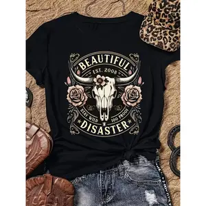 Graphic Tee Women's Western Cowboy Graphic T-Shirt - Black Short Sleeve Crew Neck Top with Bull Skull & Floral Design, "" Vintage 2008 Text, Casual Spring/Summer Tee for Outdoor & Casual Attire