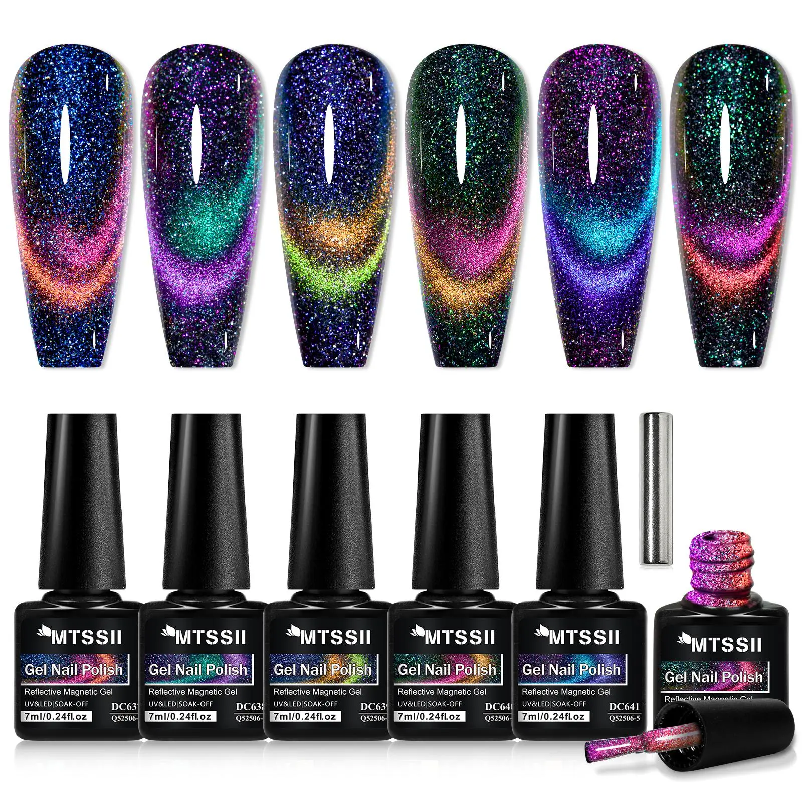 Aurora Reflective Cat Eye Gel Nail Polish Set, 6pcs Glitter Shimmer Gel Reflective Magnetic Nail Gel with 1pc Stick, Semi Permanent Uv Gel Diy Nail Art for Manicure, Nail Care, Color Gel Polish Holographic Gel Nail Polish Gel Nail Polish Kit