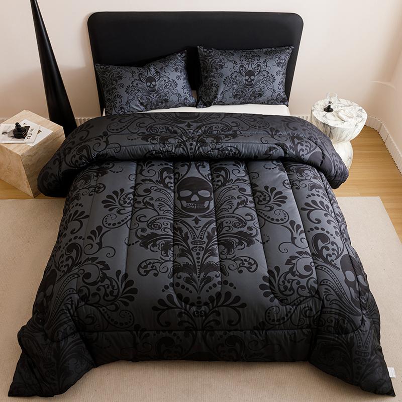 Skeleton Pattern quilt Set, Gothic Black Bedding, Includes 1 quilt and 2 Pillowcases (Pillows Not Included), Comfortable Bedroom Decor