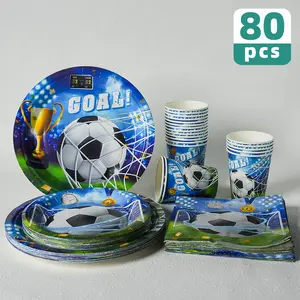 Soccer Party Supplies Set for 20 Guests, 80PCS Disposable Plates Cups Napkins Soccer Birthday Party Decorations for Boys Birthday Party, Kids