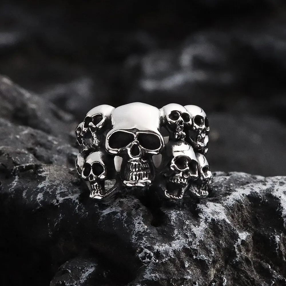 GTHIC Punk Specter Skull Cluster Stainless Steel Biker Ring for Men, Fashion Ring, Finger Jewelry for Biker Wear, Gothic Jewelry Gift with Various Sizes, Fashion Rings