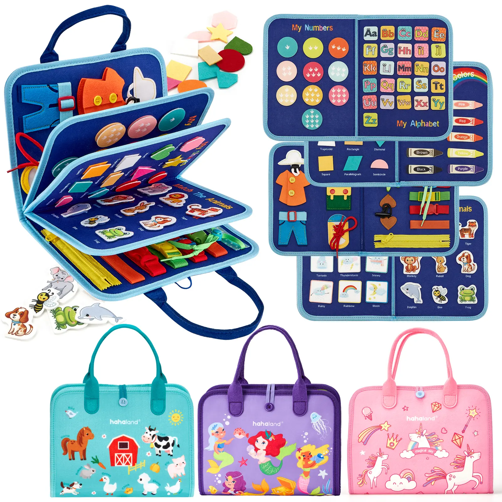 hahaland Preschool Busy Board, Unisex Montessori Felt Fabric Toy for Toddlers, Learning Activities for Fine Motor Skills, Portable Travel Book with Carry Handle, Carry Handle Makes Travel Play Easy, Zipper Pouch Tidy, Sensory Products,back to school