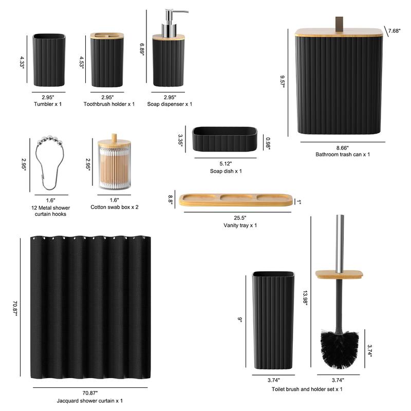 Black Ribbed Bathroom Accessory Set (10 Pieces) with Wood Detail, Water-Resistant Modern Bathroom Decor