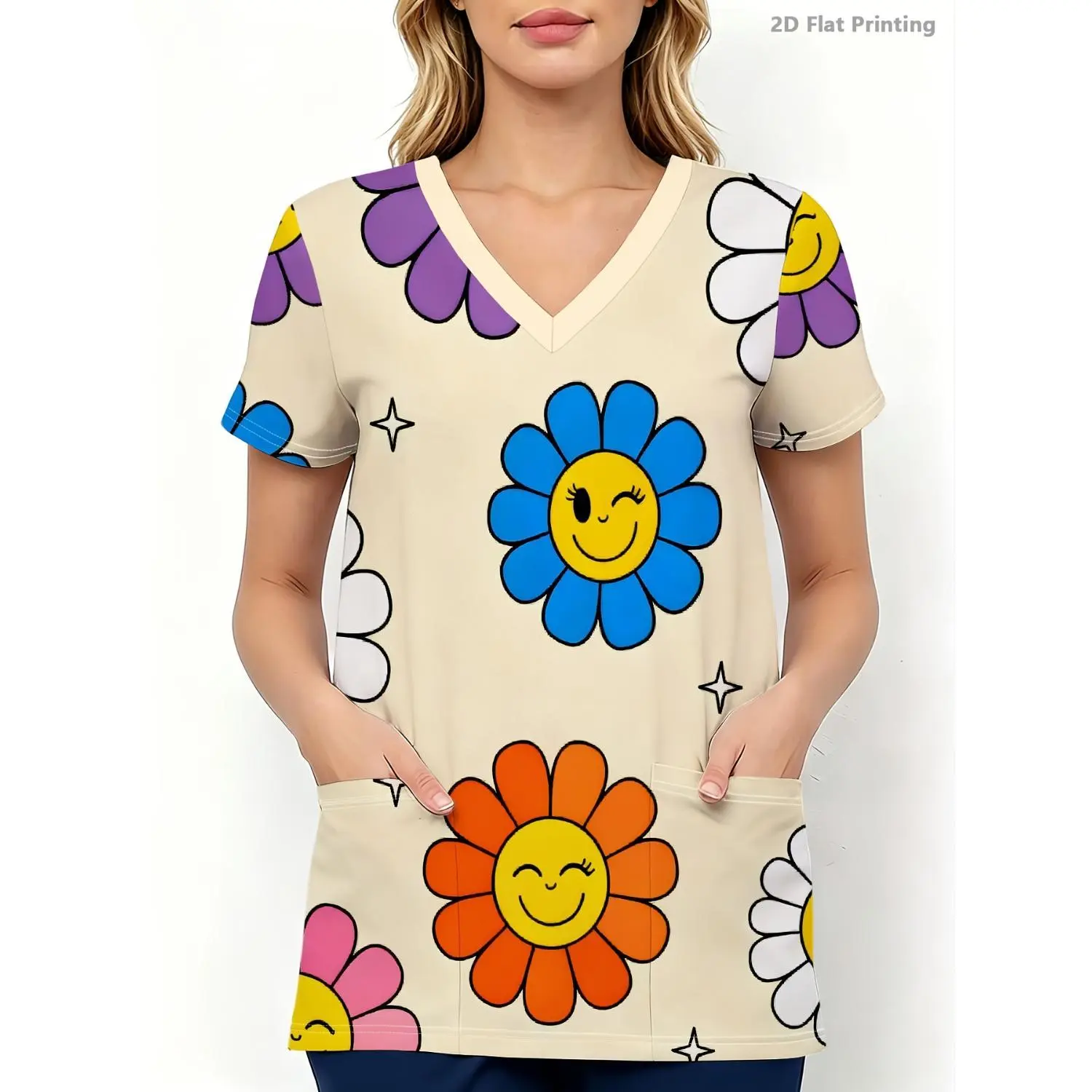 Vibrant Multicolor Smiling Face & Daisy V-Neck Pocket Women's T-Shirt - Soft and Stylish Short-Sleeve Top