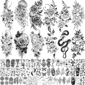 64 Sheets Long Lasting Flower Temporary Fake Tattoos For Women Arm Neck, Jellyfish Sunflower Moon Rose For Adults Girl, 3D Temp Realistic Snake Tatoo Stickers Serpent Peony Floral Kids