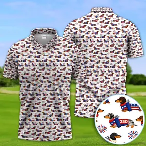 America 250 Dachshund Golf Polo Shirt for Men, Funny Patriotic Wiener Dog Golf Polo, 1776–2026 USA Anniversary Golfer Shirt