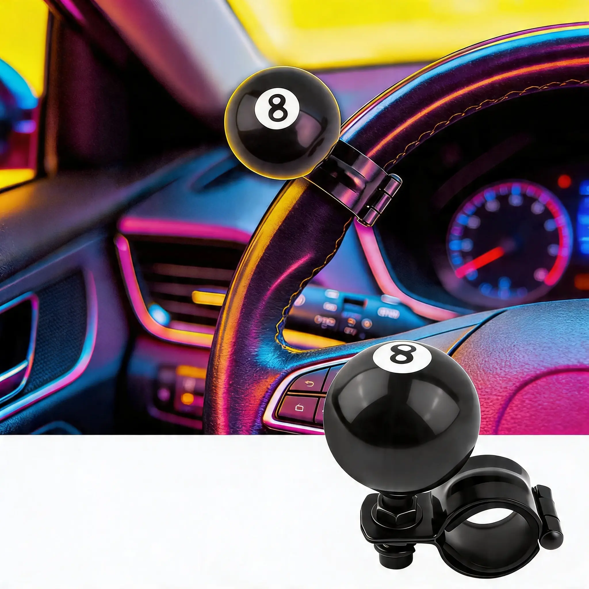 8 Ball Steering Wheel Knob Spinner - Heavy-Duty Car Turning Handle, Universal 360-Degree Rotation Car Accessories, Compatible with Most Vehicles