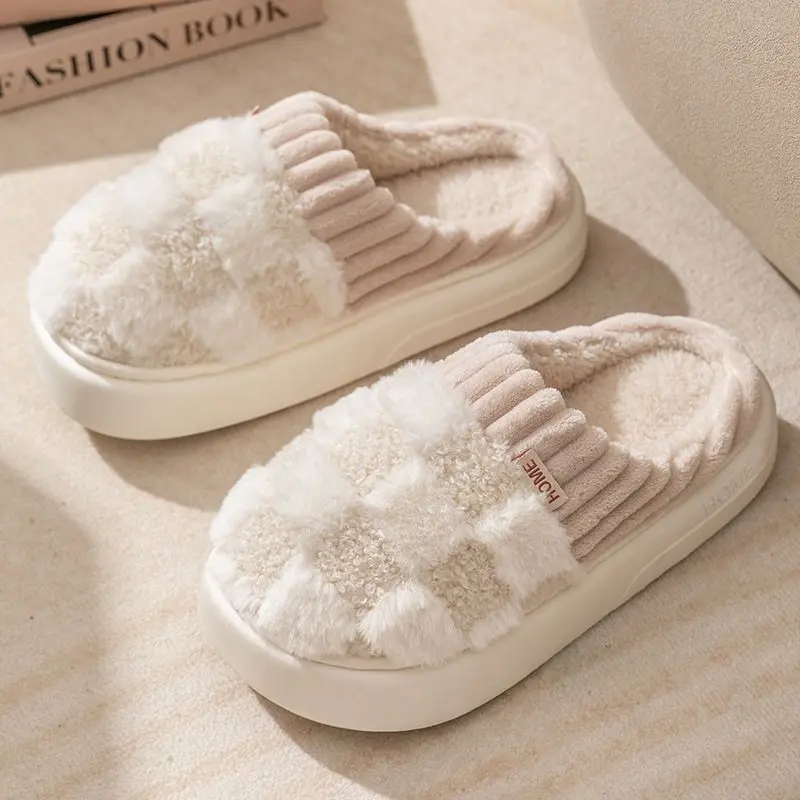 Checkered Slipper House Slippers for Women Men Plush Warm Fuzzy Slippers Flyffy Bedroom Shoes Indoor Slip On