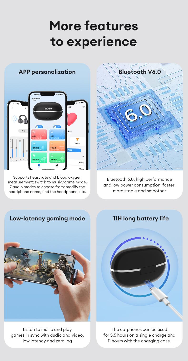 HYUNDAI Hbuds Bluetooth Heart Rate Earphones, supporting heart rate and blood oxygen detection, equipped with optical in ear detection, IPX5 waterproof and sweat proof, very suitable for outdoor sports