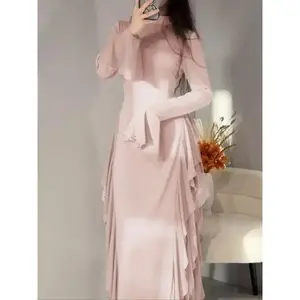 Pure Color Flare Sleeve Waist Cinching Long Dress, Slim-Fitting Holiday Style, Spring & Fall Fashion, Plain Pattern, Women's Clothing