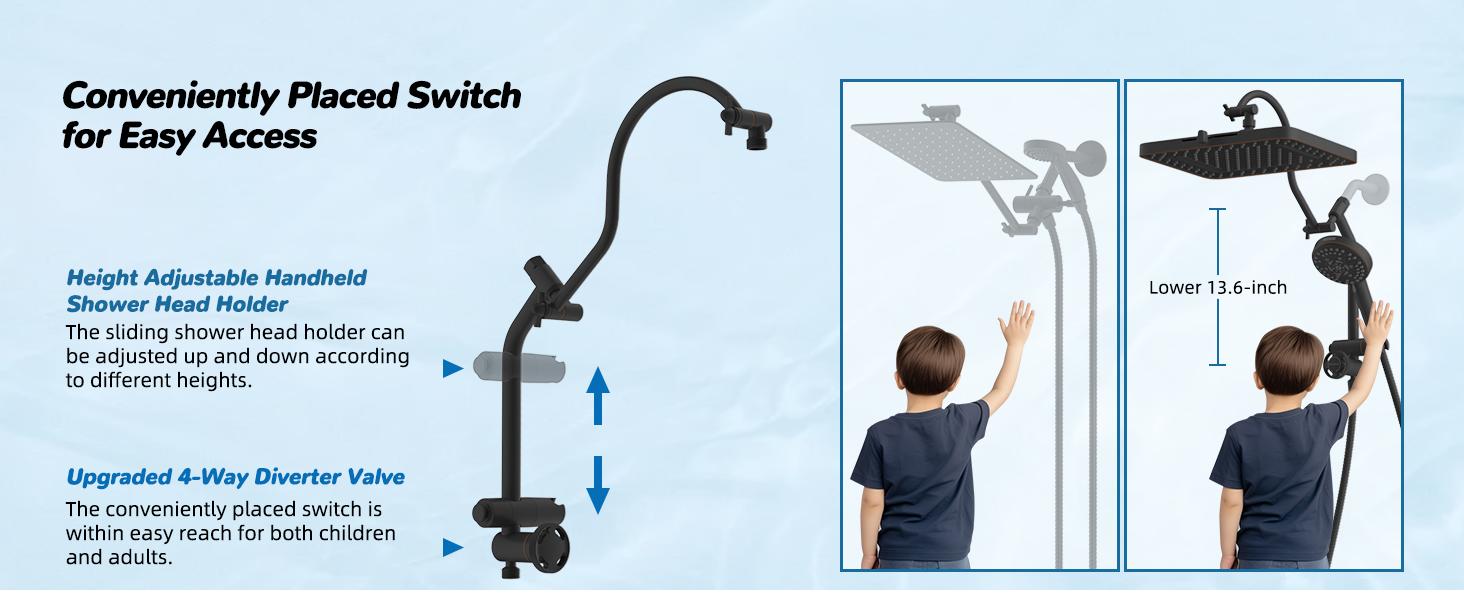 Hibbent Upgraded 13'' Shower Head Combo, High Pressure 5 Spray Rainfall Showerhead with 10 Spray Modes Handheld,All Metal Easy Reach 4-way Diverter with Pause Mode, 71'' Hose and Holder, Matte Black