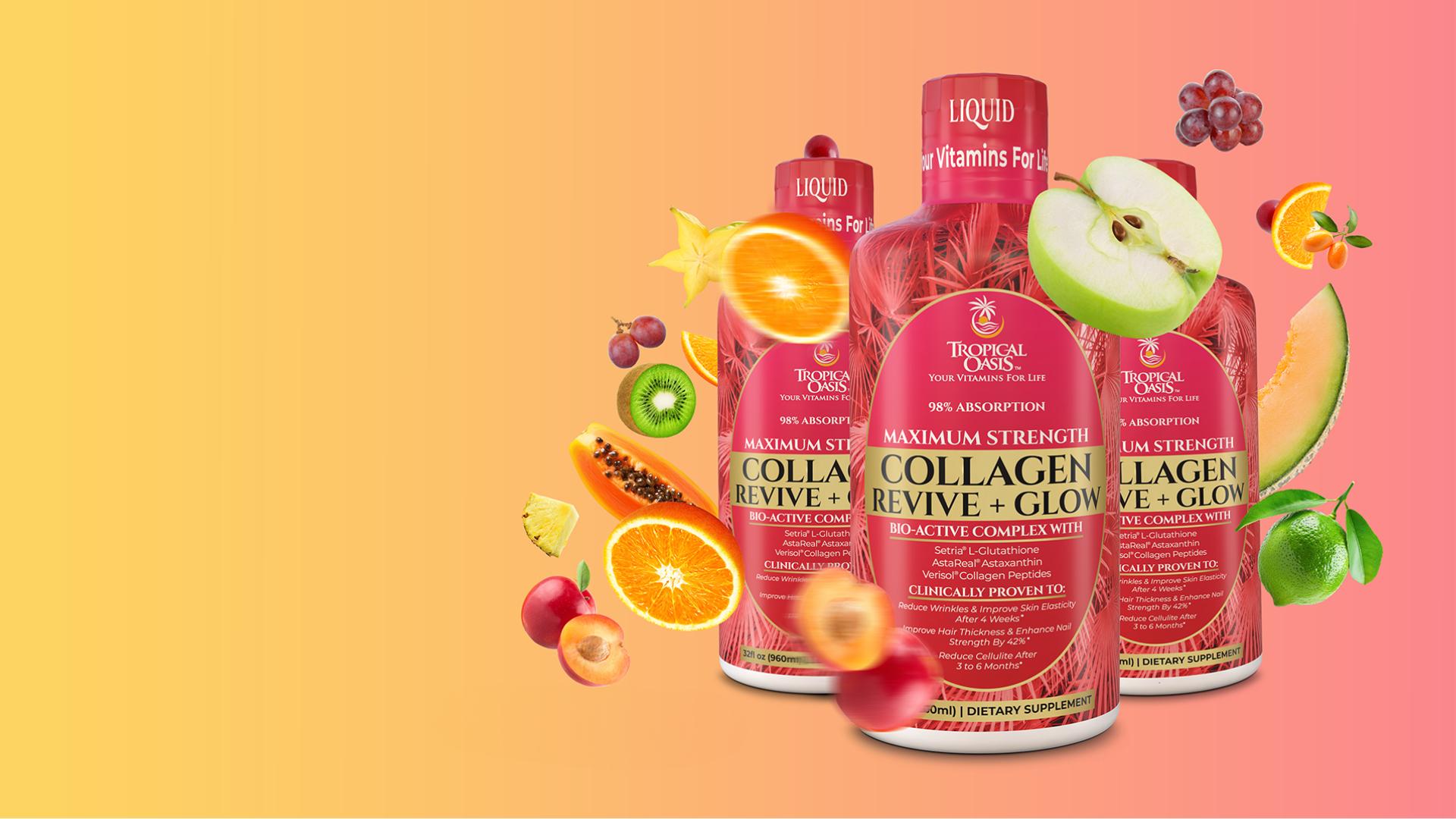 tropical oasis glutathione Tropical Oasis Collagen Revive + Glow Shots Liquid Supplement 16 fl oz  Supports Skin Elasticity Hydration Hair Nails Non-GMO Edible Healthcare  Beauty