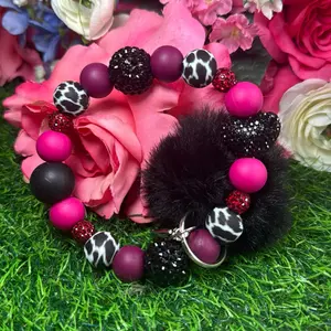 Western cowhide wristlet keychain color scheme burgundy, black, magenta, cowhide print and bling beads made with wire