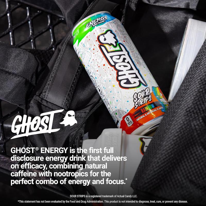GHOST Energy Drink - 12-Pack, Sour Strips Rainbow, 16oz Cans - Energy & Focus & No Artificial Colors - 200mg of Natural Caffeine, L-Carnitine & Taurine - Gluten-Free & Vegan