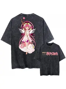 Unisex Vintage Washed Oversized Black T-Shirt | Graphic Anime Character Design, Madoka Magica Puella Magi, Loose Fit, Crew Neck, Slight Stretch Fabric, All Seasons