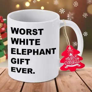 Humorous White Elephant Gift Mug Featuring Worst White Elephant Gift Ever Text with Red Ornament Perfect for Holidays Parties and Office Gag