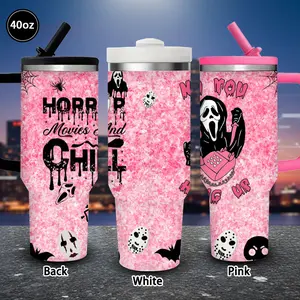 1pc 40oz Horror-Themed Halloween Artwork, Spooky Characters and Phrases Tumbler with Lid and straw, Winter Insulated Travel Mug, Gift for Women Men, Ideal for Valentine's Day, Birthday Gift, Coffee Cup for Office