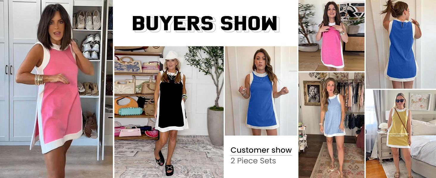 SCUSTY Women's Casual Two Piece Sets Color Block Crewneck Sleeveless Pullover Tops Matching Shorts With Pockets