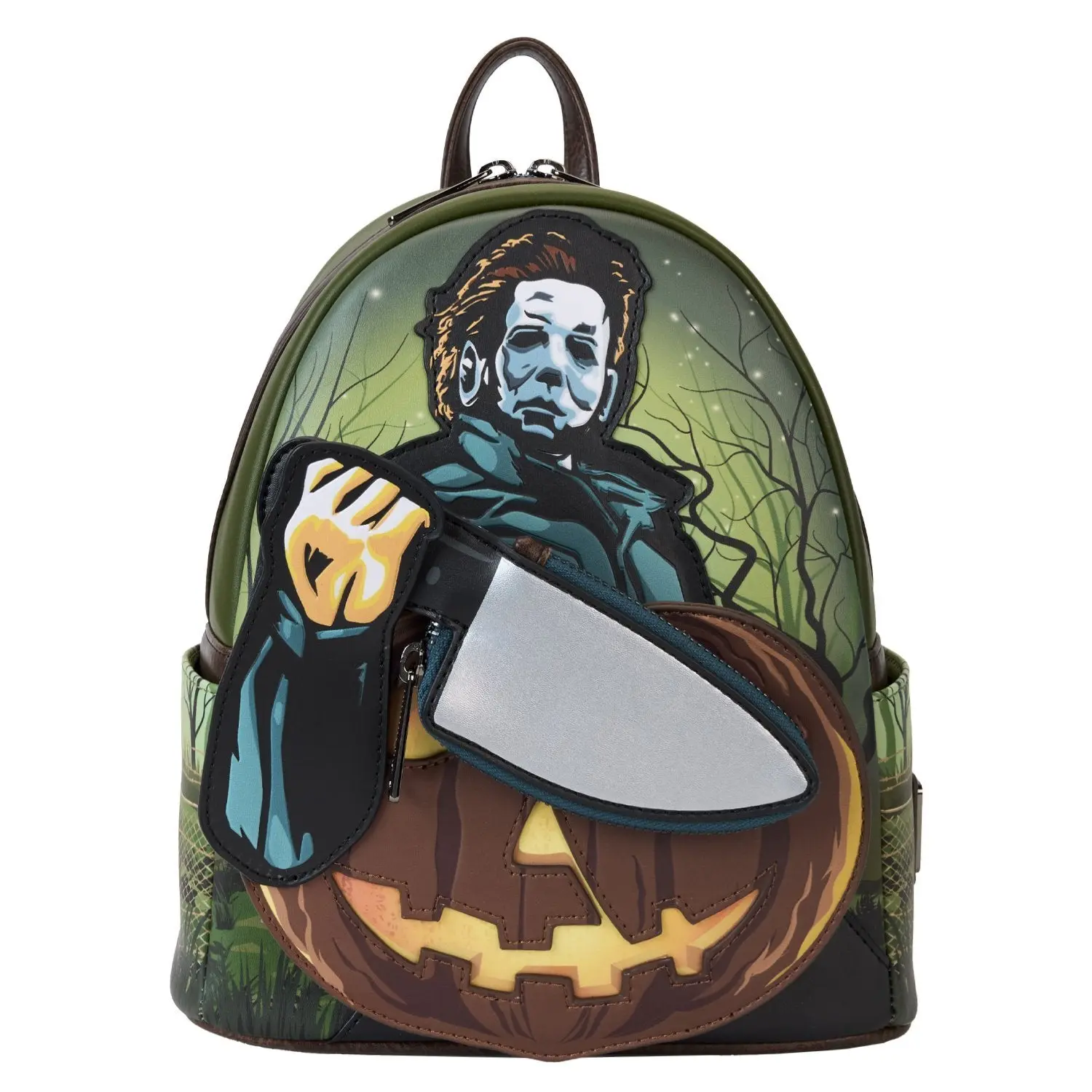 Halloween Michael Myers Mini Backpack, Faux Leather Bag with Glow-in-the-Dark Jack-o'-Lantern & Removable Reflective Knife Coin Bag