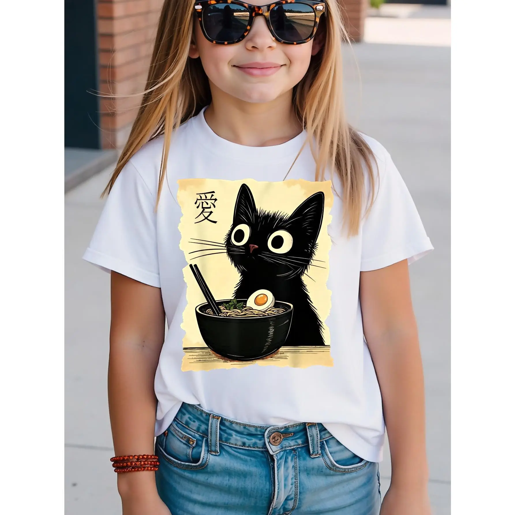 Black Cat Ramen Bowl Love Unisex Kids' Casual T-Shirt - Teen Girl Clothes, Downtown Outfit, School Wear, Stocking Stuffers for Youth Boys