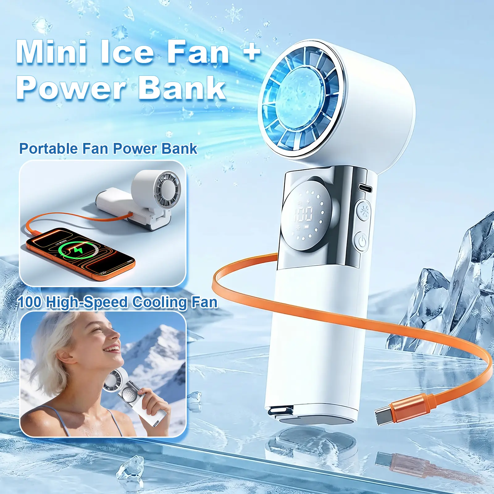 SWEETFULL 7-in-1 Portable Cooling Fan with Power Bank(5200mah),Built-in Retractable USB-C Cable，100 Speed Turbo Fan with LCD Display, Handheld Fan with Neck Strap for Outdoor Camping Travel Sports