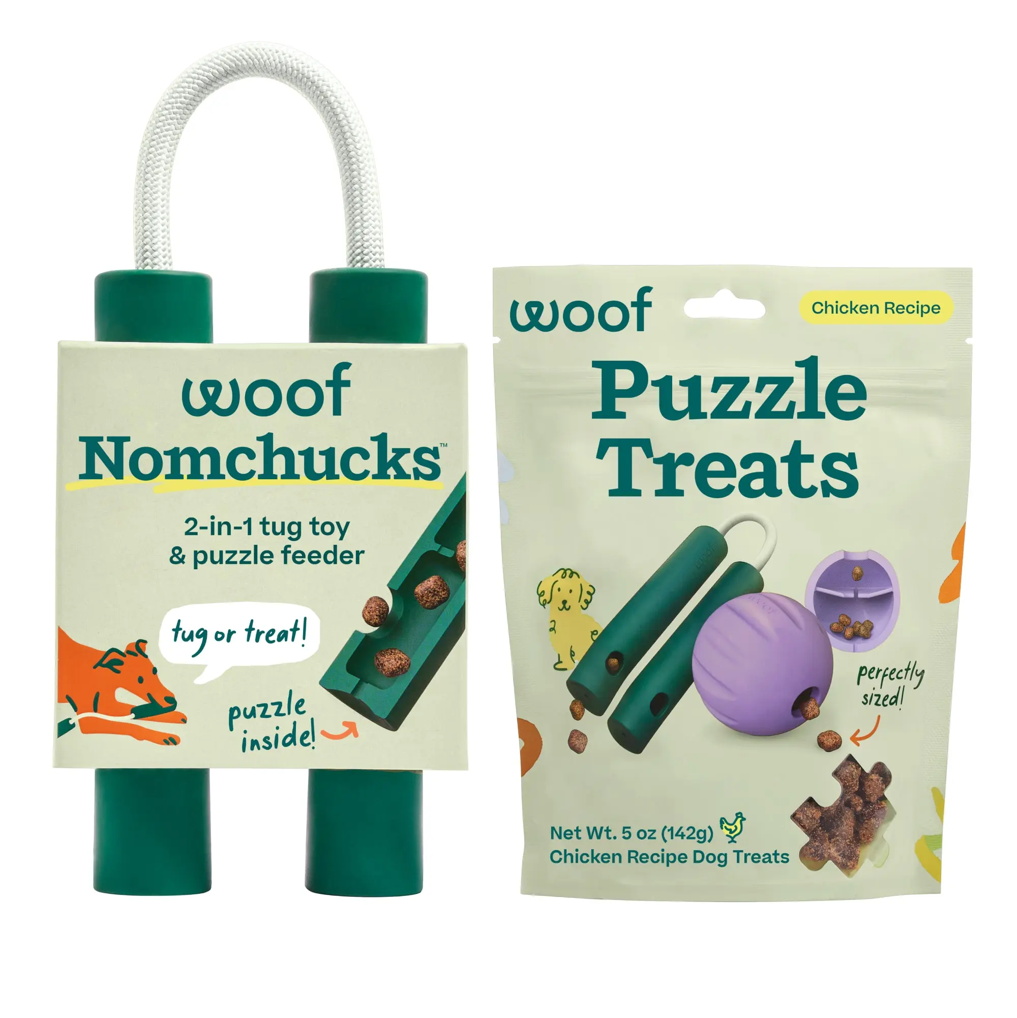 Woof Nomchucks and Puzzle Treats Bundle - Dual Puzzle Feeder Dog Toy and Tug Toy - Includes Nutritious Chicken Training Treats Refills - The Perfect Bundle for Dog Enrichment
