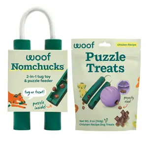 WOOF Nomchucks Dog Toy + Puzzle Treats Bundle,Tug Toy & Treat Dispensing Puzzle for Dogs