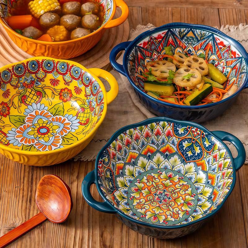4 Piece Boho Ceramic Serving Bowls with Handles, 22 Oz Porcelain Salad Bowls, Large Serving Dishes for Entertaining, Mixing Bowls for Stew, Pasta, Cereal, Cute French Onion Soup Bowls Set 4 Piece Boho Ceramic Serving Bowls with Handles, 22 Oz Porcelain Salad Bowls, Large Serving Dishes for Entertaining, Mixing Bowls for Stew, Pasta, Cereal, Cute French Onion Soup Bowls Set