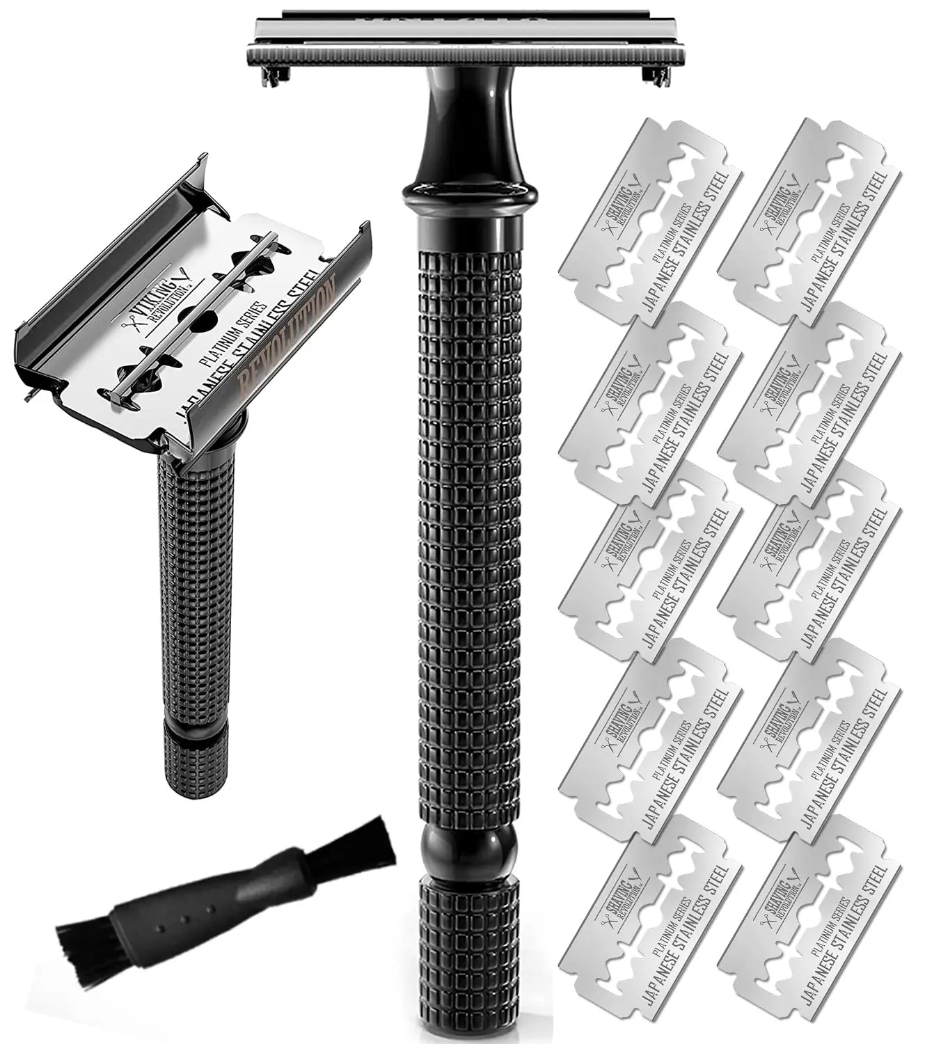 Long Handle Double Edge Safety Razor - Butterfly Open Razor with 10 Japanese Stainless Steel Double Edge Blades - Close, Clean Shaving Razor