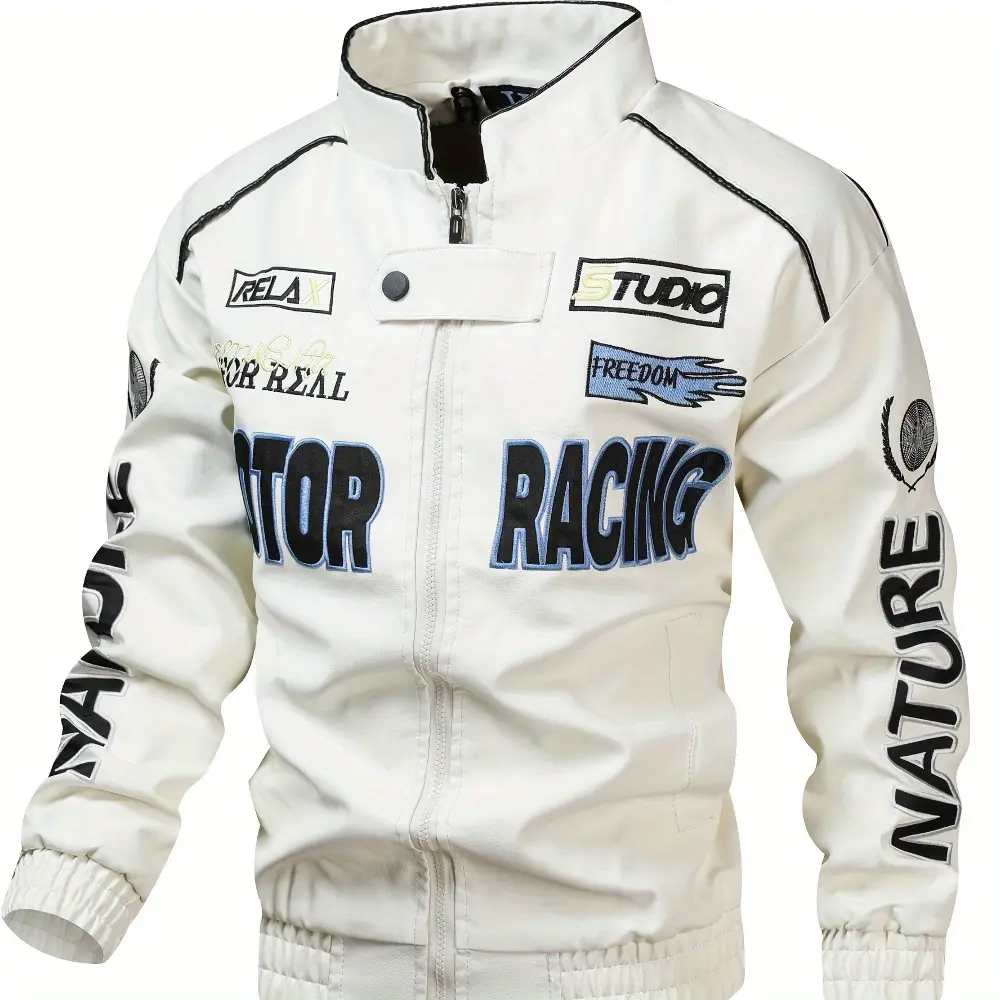 Men's Stylish PU Leather Motorcycle Racing Pattern Jacket - Relaxed Flexible Fit Menswear Top, Long Sleeve Casual Coat, Breathable Stand-Up Collar, Zipped Sleeves, Side Pockets, Ideal for Spring, Autumn, M, Zipper, Collared Neck, Leather & Faux Leather