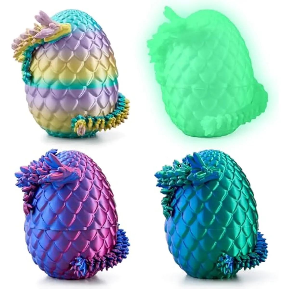 4 Pcs 3D Printed Dragon Eggs with Laser Dragon, Cool Articulated Toys for Kids Christmas Stuffers Party Favors, Classroom Prize Gifts for Boys Teen Girls (Purple+Blue+Rainbow+Glow)