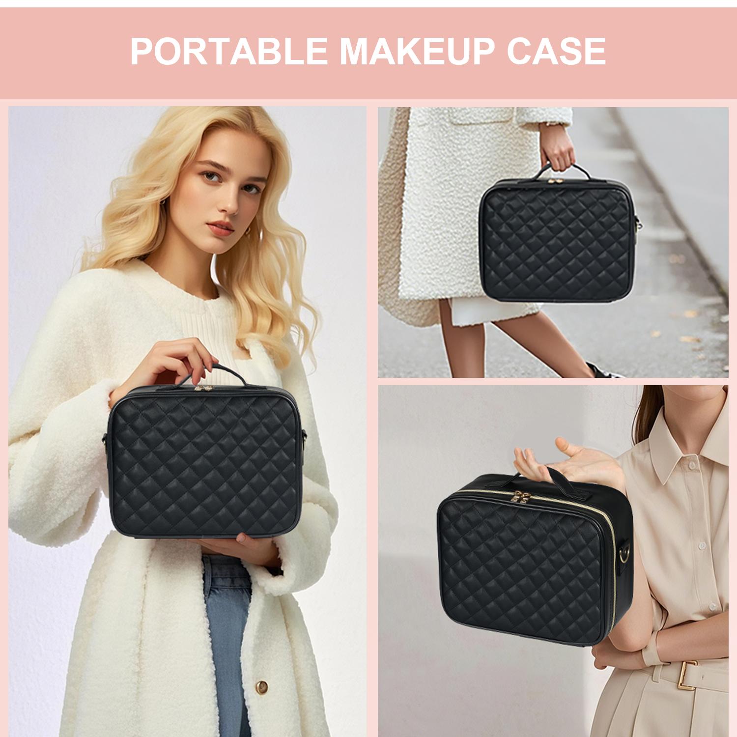 Makeup Bag with Light Up Mirror, 10in 12in Makeup Case Travel Cosmetic Bags Brush Organizer Storage Box, Rechargeable Vanity Mirror with 3 Color Lights, High Frame Mirror Protection (Black)