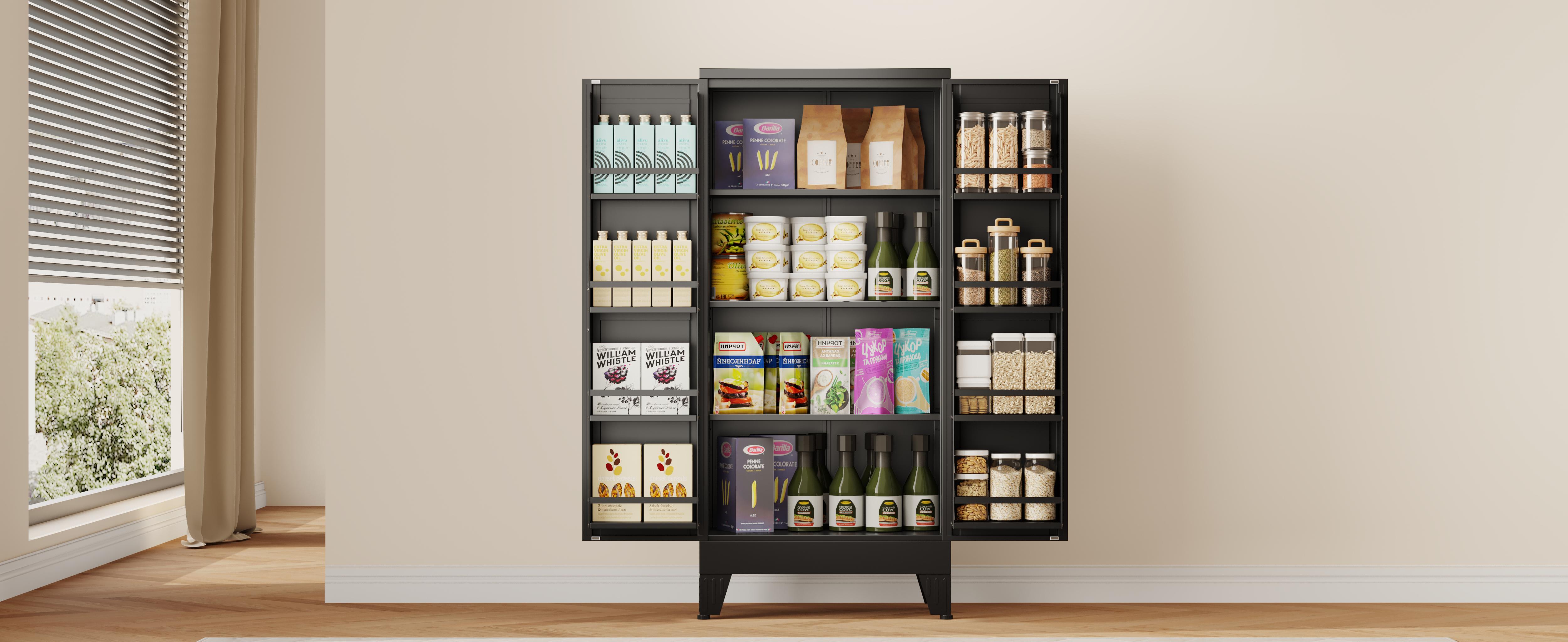 Metal Kitchen Pantry Cabinet,47.24“ Tall Storage Cabinet with 2 Doors, Cupboard with 8 Hanging Shelves and Adjustable Shelves for Kitchen, Dining Room mothersdaygift White Aesthetic